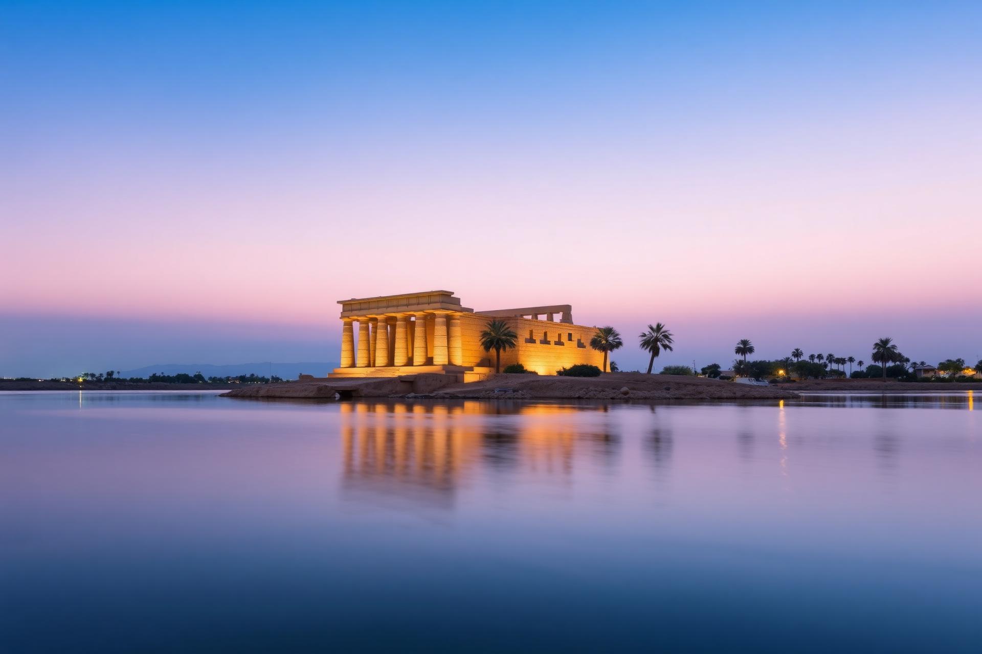 Temple of Philae reflected in the Nile at blue hour
