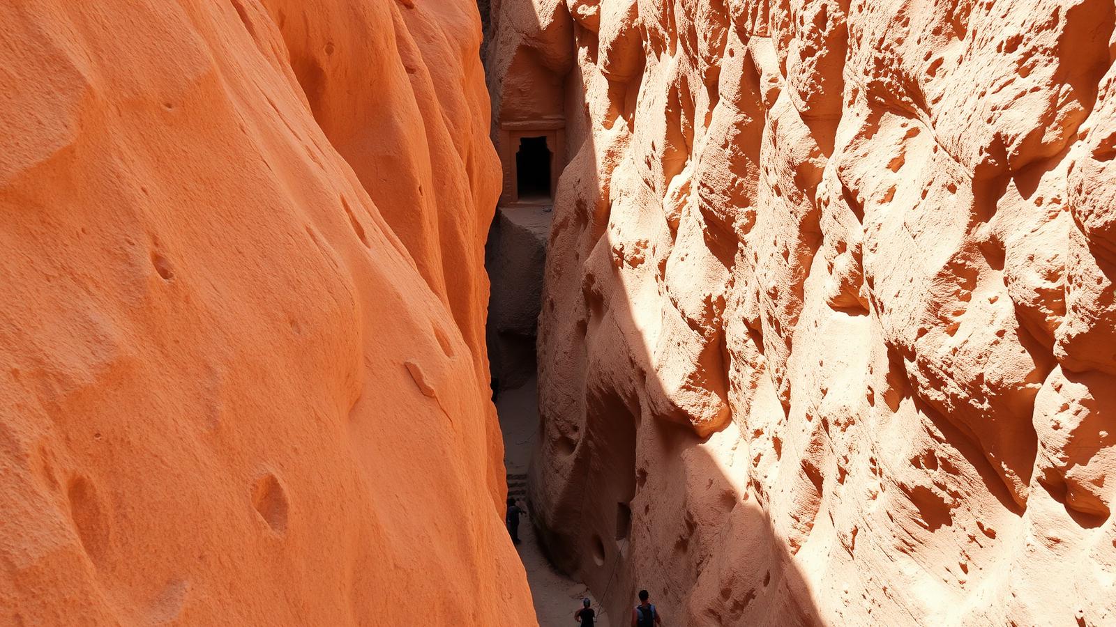 Narrow ravine of Wadi Sikket Taqet Zeid with a cliff tomb high on the wall